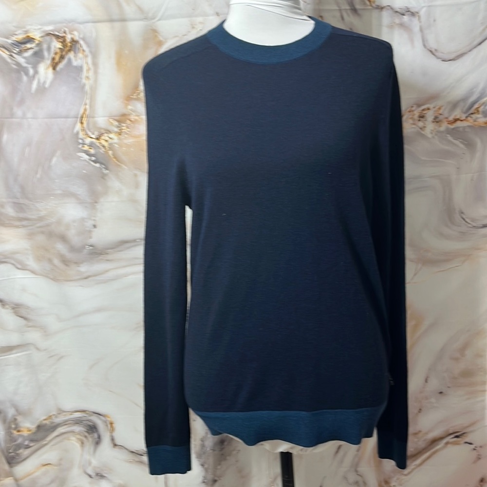 Ted Baker London Wool Blend Sweater Navy Blue with Stripes Sleeves SZ 2